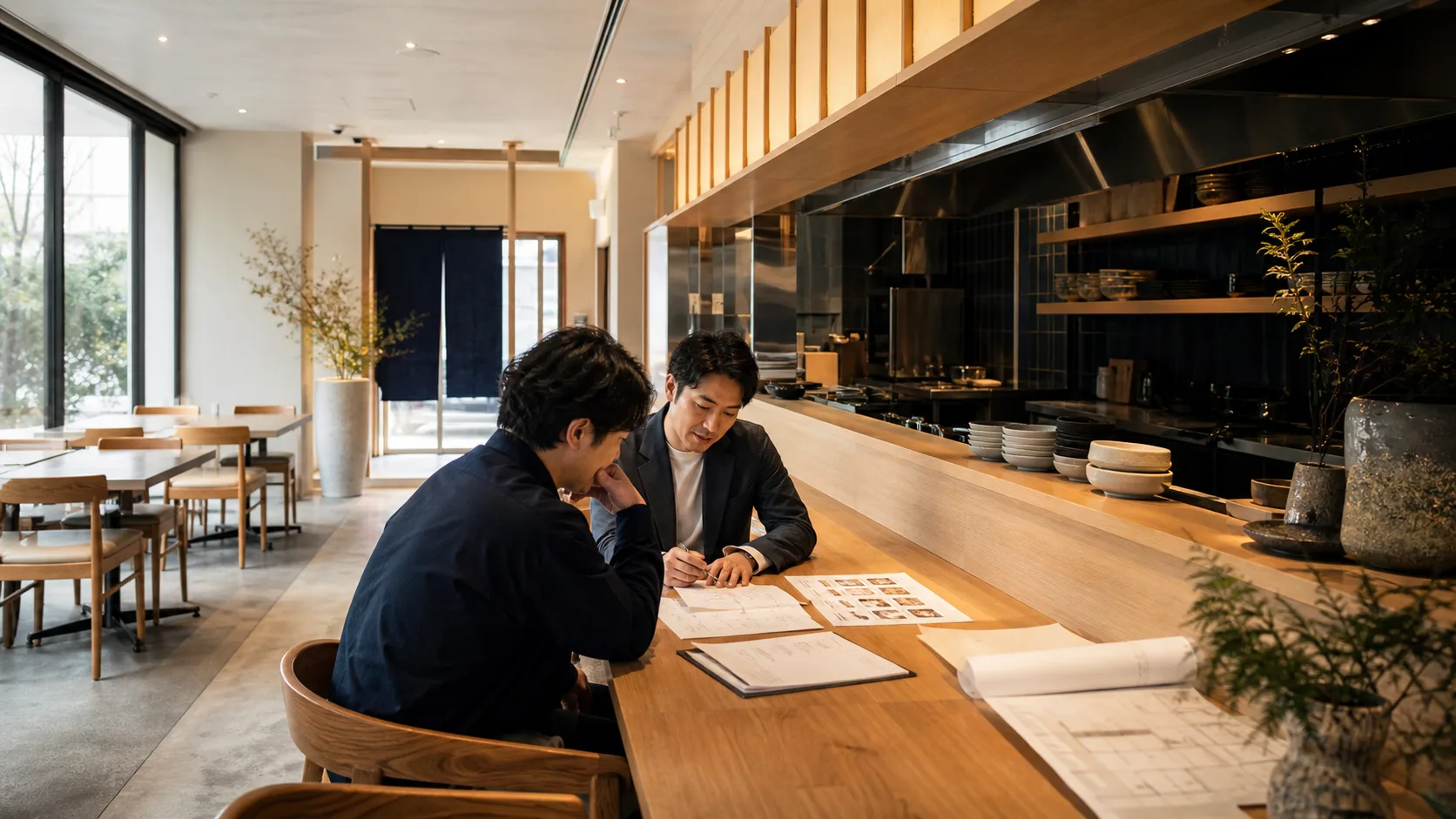 開業前の飲食店で事業計画と店舗レイアウトを確認する様子